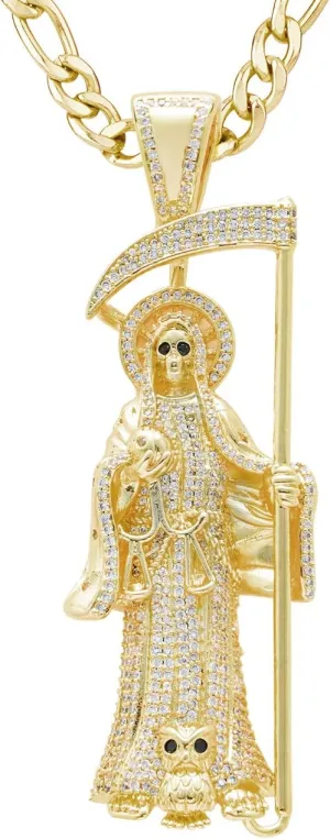 14K Gold Plated Brass Cubic Zirconia Skull Holy Death Sanit La Santa Muerte Charm Pendant Necklace Jewelry