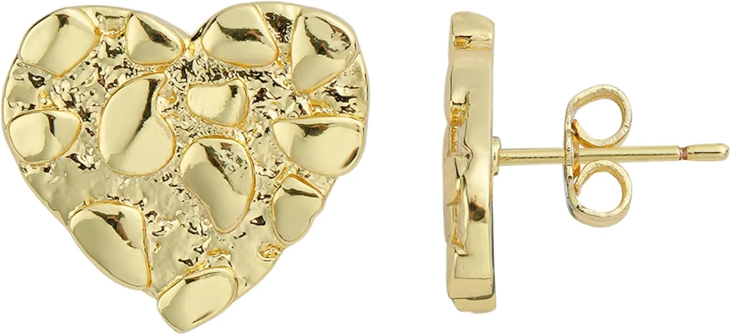 14k Gold Plated Rough Textured Cookie Heart Shape Nugget Stud Earrings For Men/Women Unisex