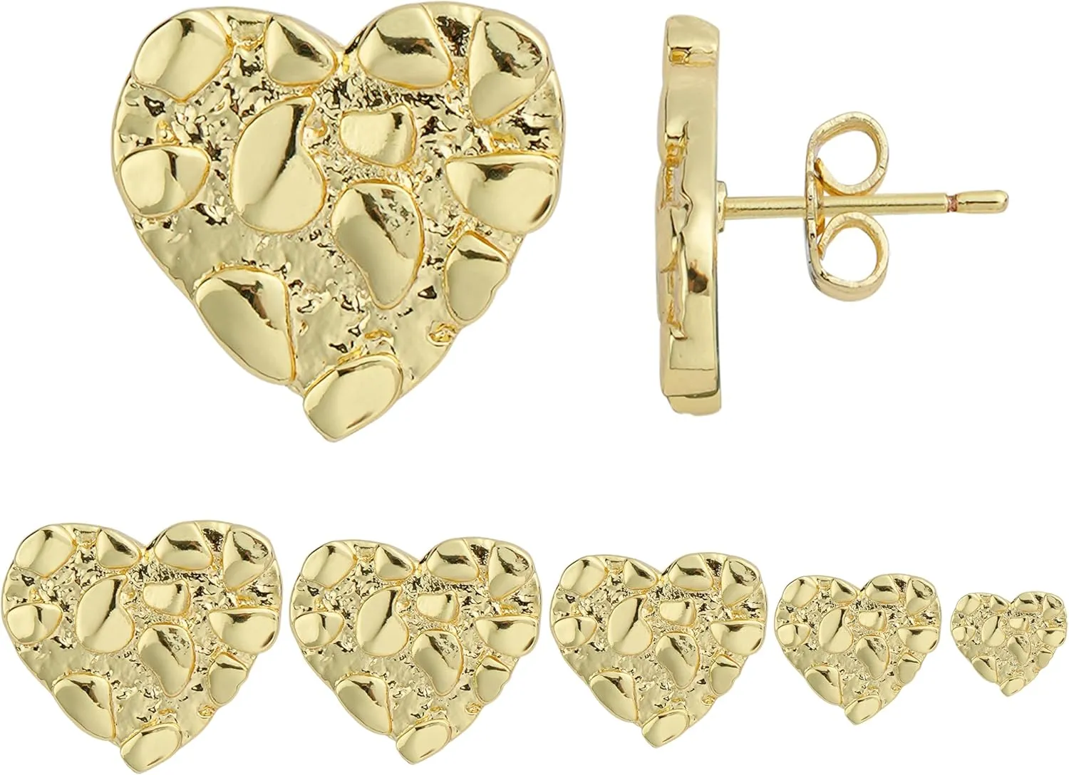 14k Gold Plated Rough Textured Cookie Heart Shape Nugget Stud Earrings For Men/Women Unisex