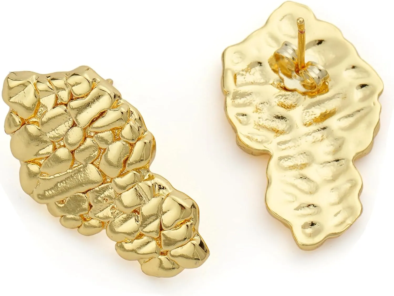 14k Gold Plated Rough Textured Cookie Nugget Stud Earrings For Men/Women Unisex