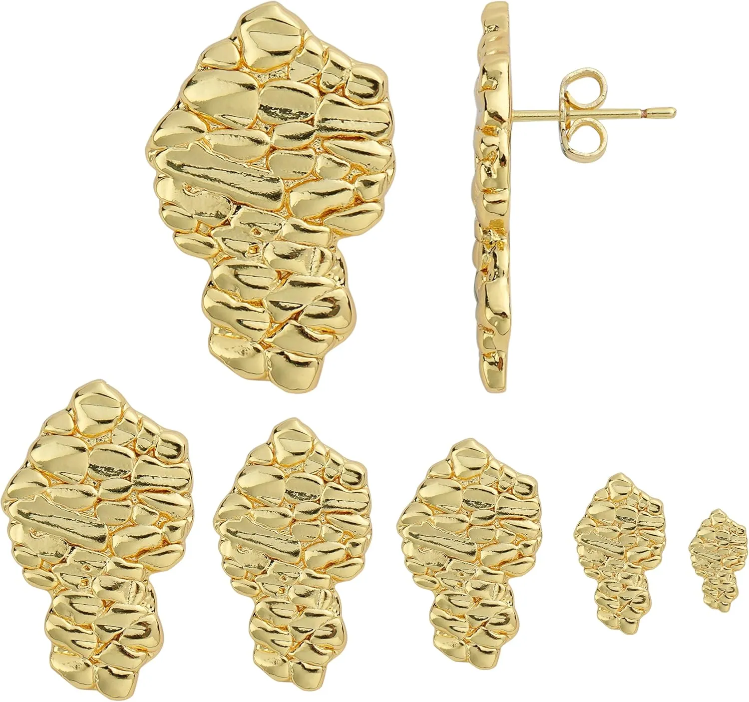 14k Gold Plated Rough Textured Cookie Nugget Stud Earrings For Men/Women Unisex