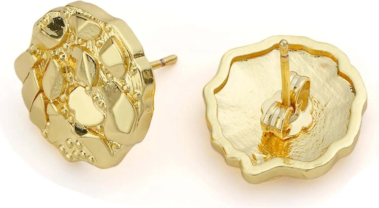 14k Gold Plated Round Rough Textured Cookie Nugget Stud Earrings For Men/Women Unisex