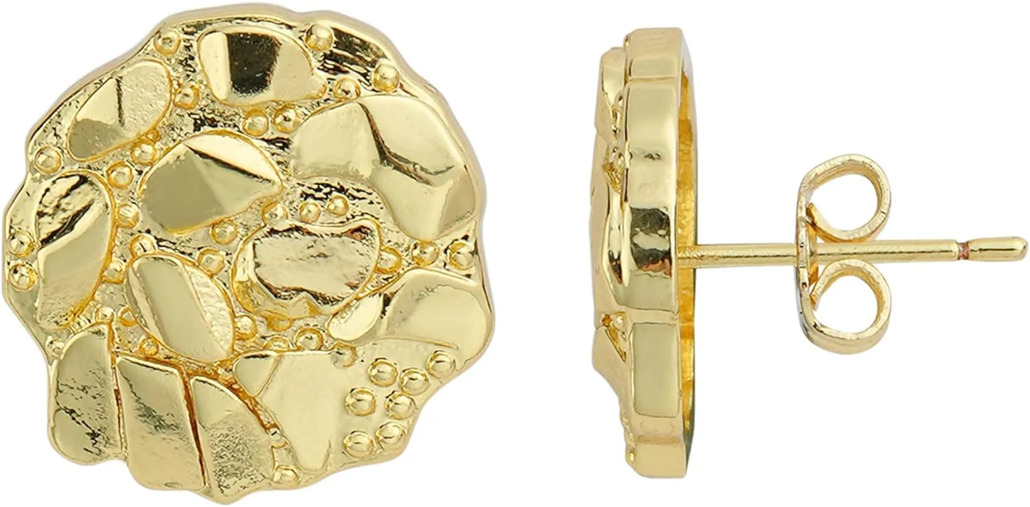 14k Gold Plated Round Rough Textured Cookie Nugget Stud Earrings For Men/Women Unisex