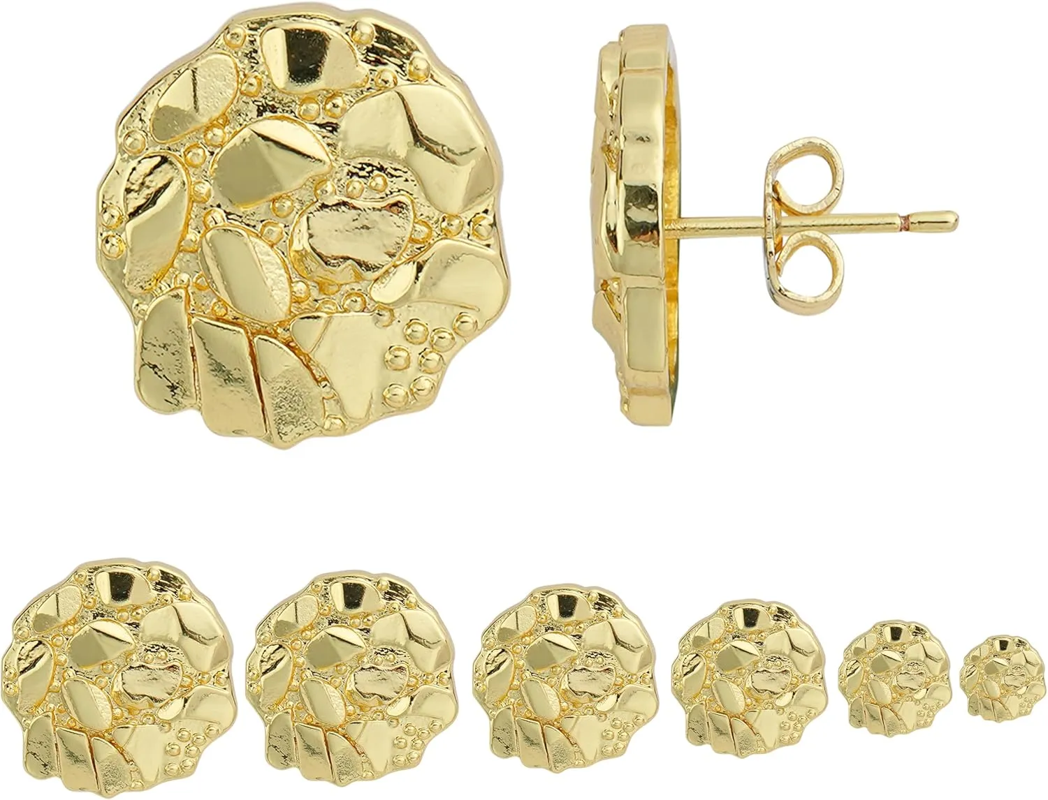 14k Gold Plated Round Rough Textured Cookie Nugget Stud Earrings For Men/Women Unisex