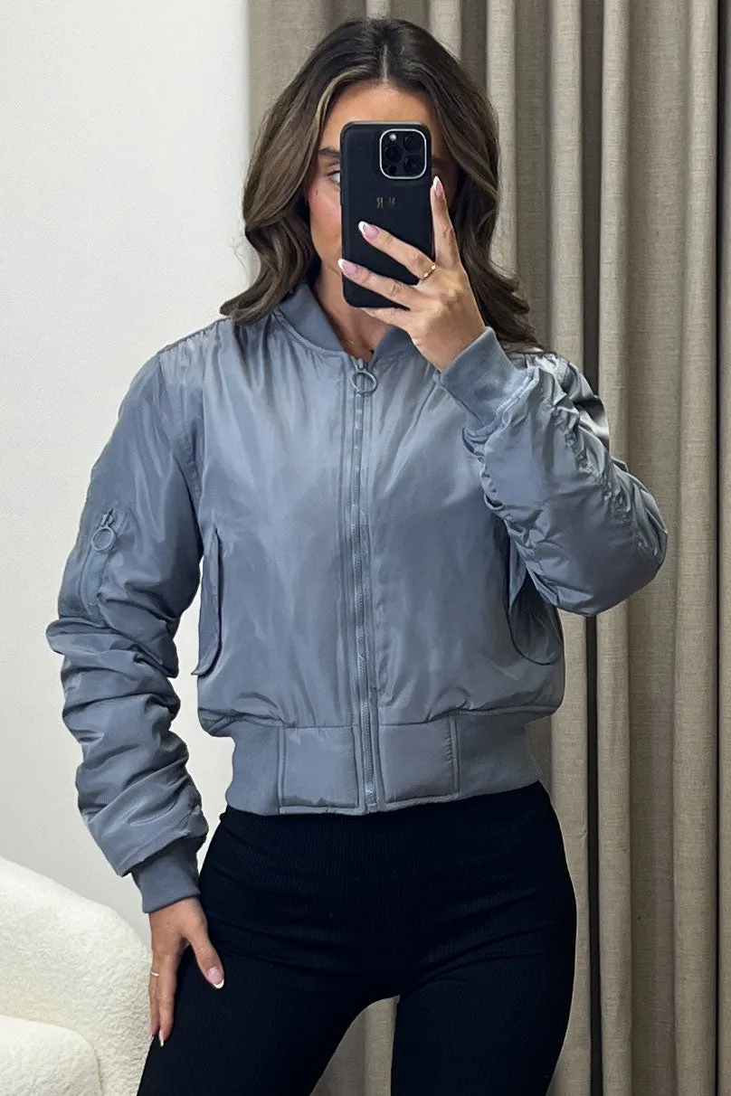 Leyla Grey Ruched Sleeve Zip Up Bomber Jacket
