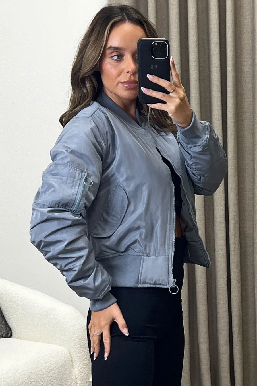 Leyla Grey Ruched Sleeve Zip Up Bomber Jacket