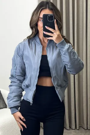 Leyla Grey Ruched Sleeve Zip Up Bomber Jacket