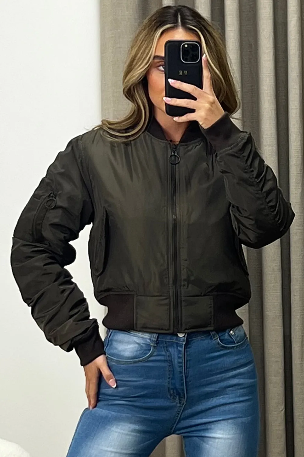 Leyla Khaki Ruched Sleeve Zip Up Bomber Jacket