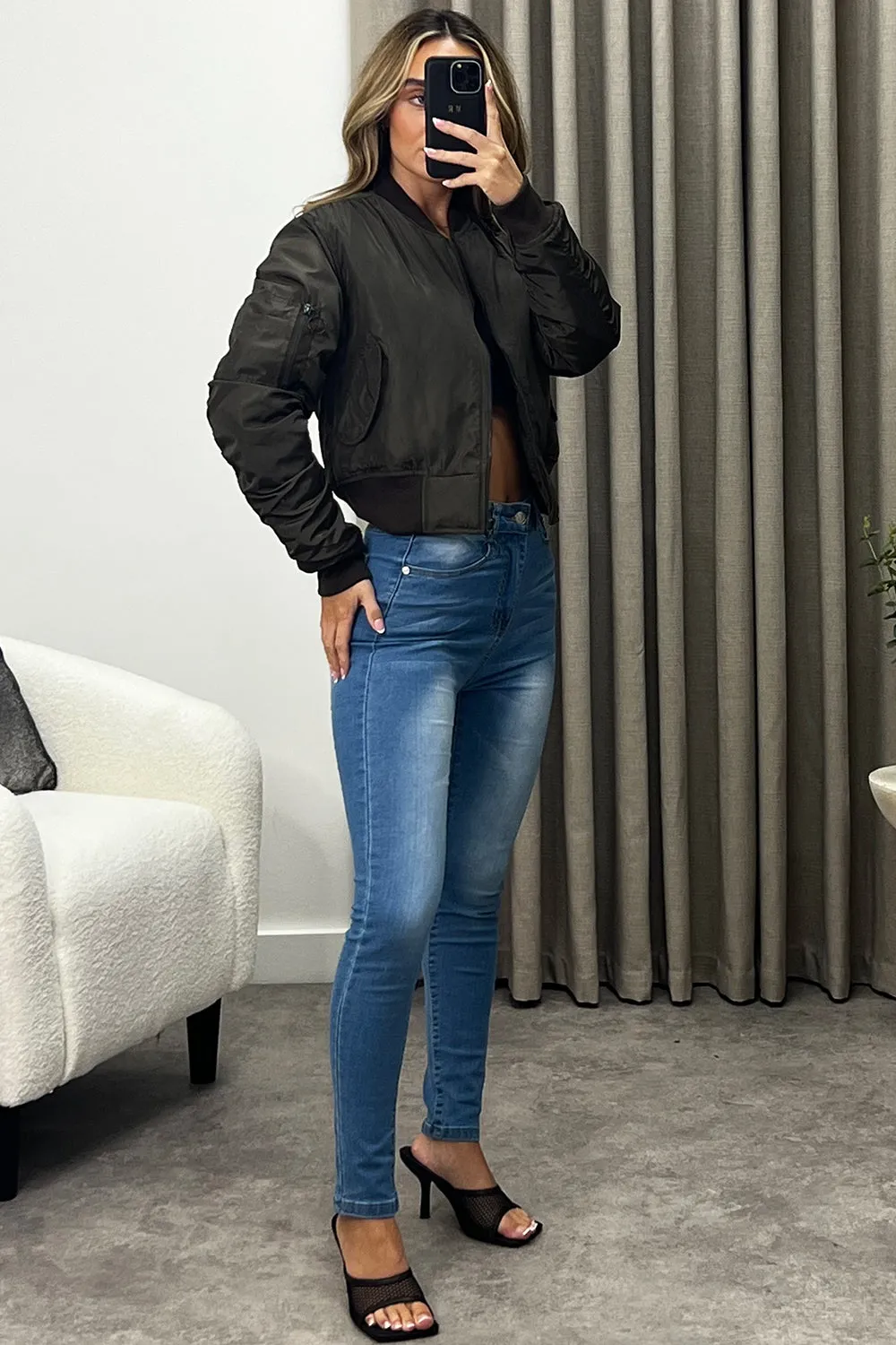 Leyla Khaki Ruched Sleeve Zip Up Bomber Jacket