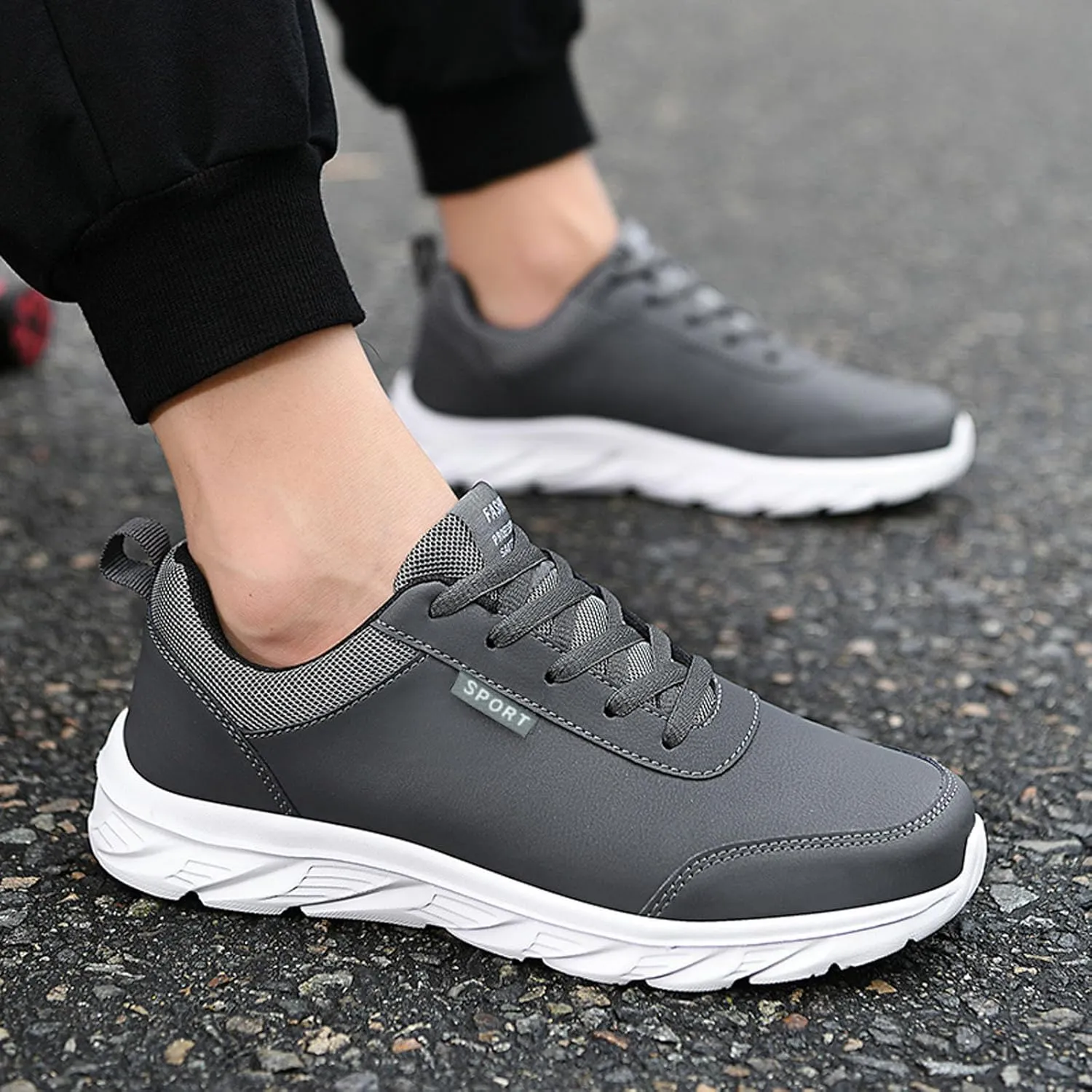 Men's Slip on Walking Shoes Comfortable PU Leather Memory Foam Breathable Fashion Sneakers Non Slip Arch Support Cushioning Workout Tennis Shoes Wide Width