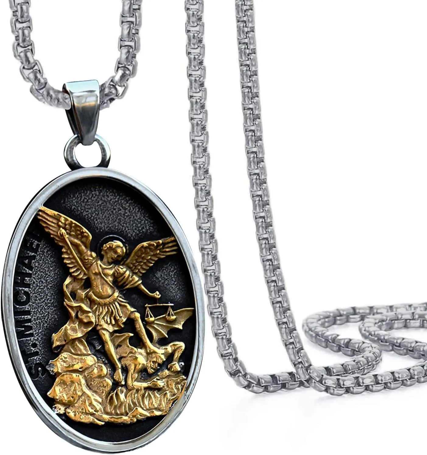 St Michael Necklace for Men,Archangel Michael pendant,Stainless steel,Christian Gifts for Women (Silver 262)