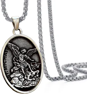 St Michael Necklace for Men,Archangel Michael pendant,Stainless steel,Christian Gifts for Women (Silver 263)