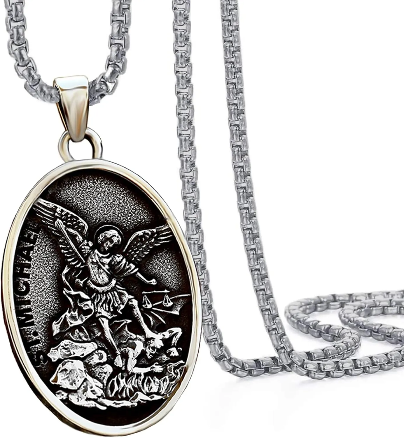 St Michael Necklace for Men,Archangel Michael pendant,Stainless steel,Christian Gifts for Women (Silver 263)