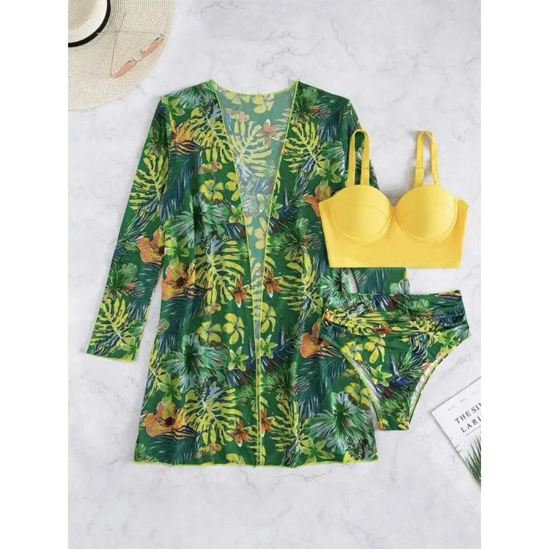 Stylish Three Piece Swimwear  Trendy Cover Up Bikini Set