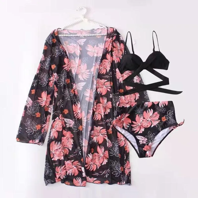 Stylish Three Piece Swimwear  Trendy Cover Up Bikini Set