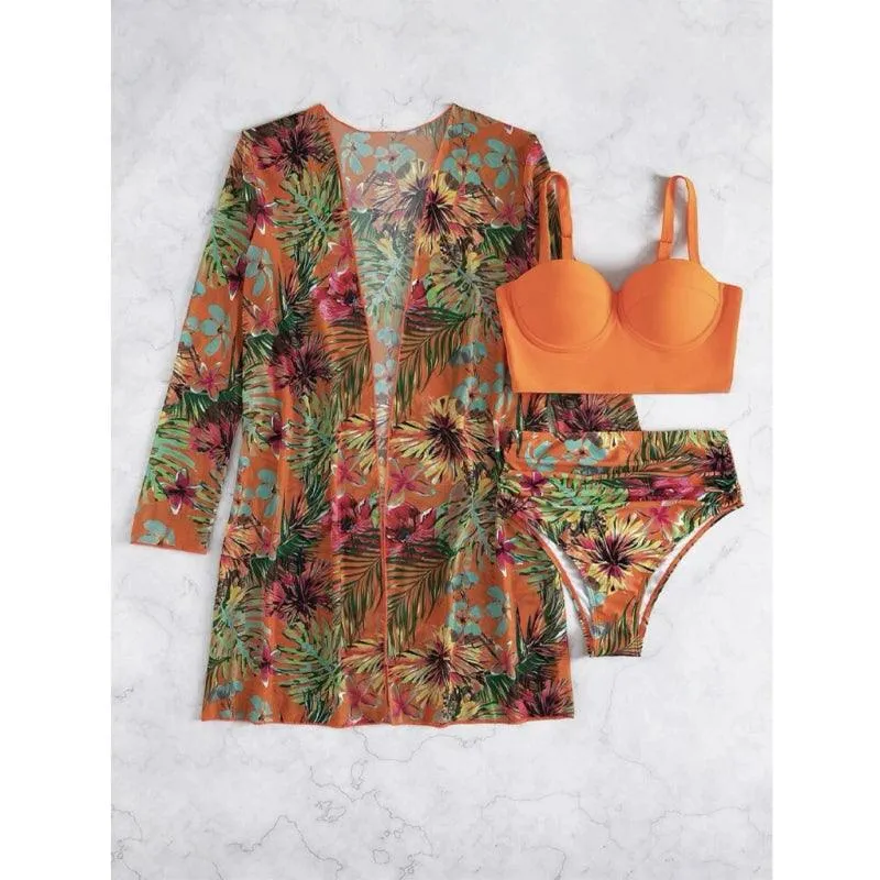 Stylish Three Piece Swimwear  Trendy Cover Up Bikini Set