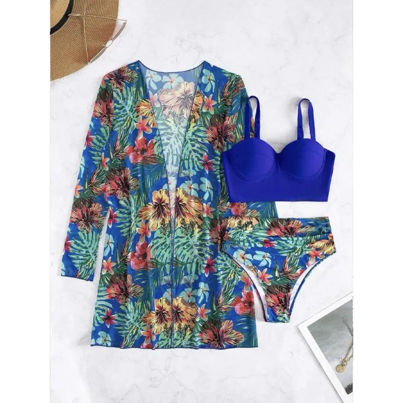 Stylish Three Piece Swimwear  Trendy Cover Up Bikini Set