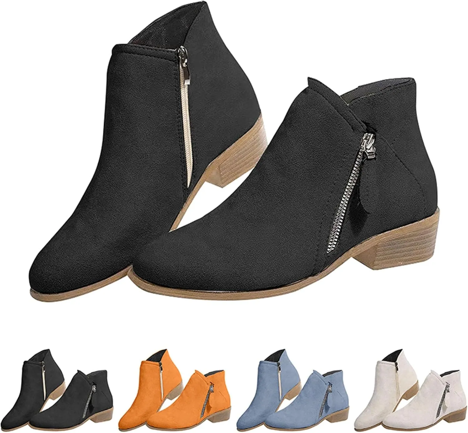 Women's Boots Ankle Womens Booties Fall Brown Leather Boots Men Womens Bootie Low Heel Lightweight Breathable Closed Pointed Toe Low Block Heel Zip Up