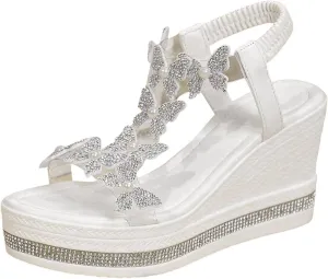 Women's High Heel Wedge Sandals Summer Fashion Butterfly Decoration Platform Sandals Casual Lightweight Bohemian Open Toe Back Elastic Strap Beach Shoes