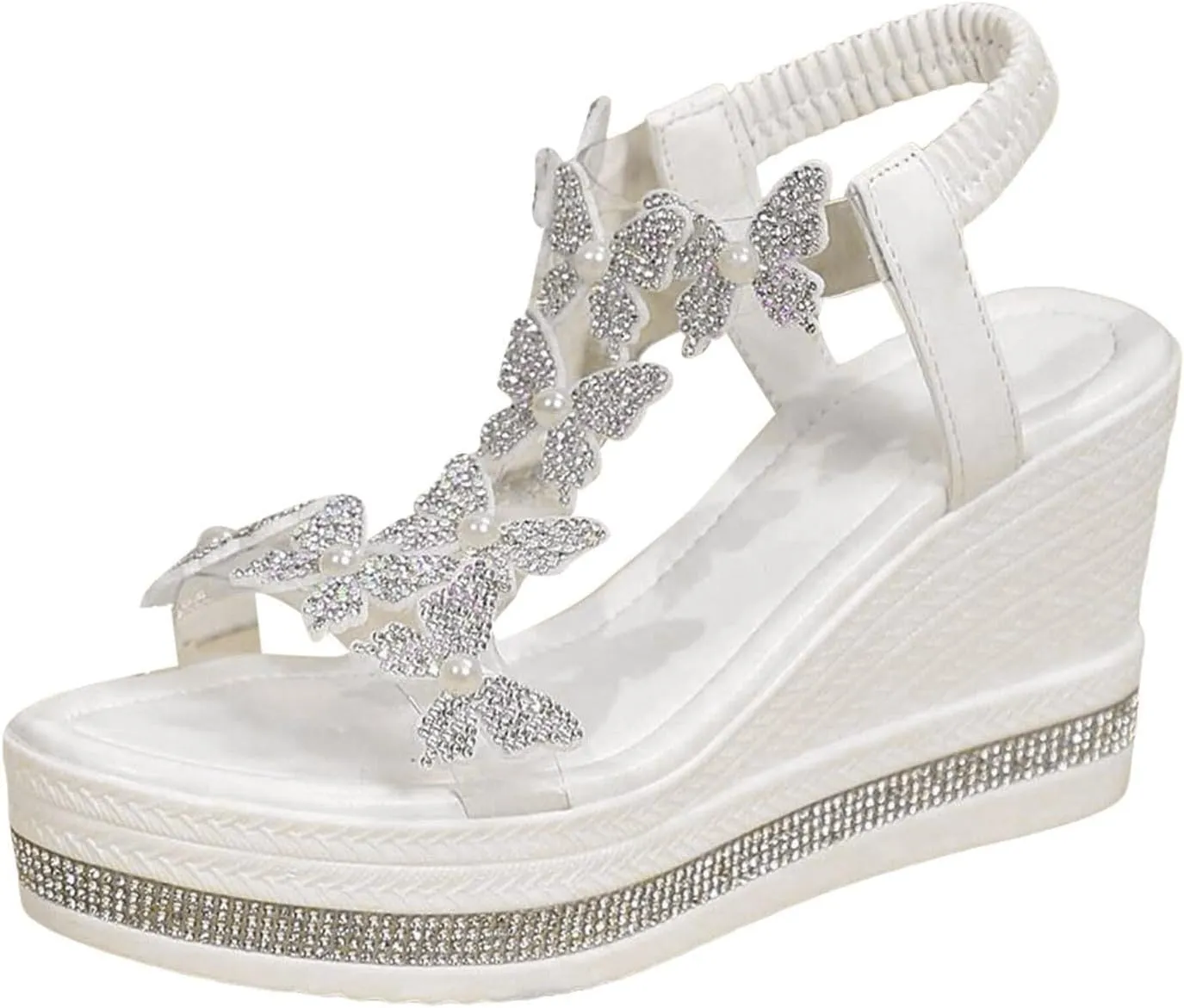 Women's High Heel Wedge Sandals Summer Fashion Butterfly Decoration Platform Sandals Casual Lightweight Bohemian Open Toe Back Elastic Strap Beach Shoes
